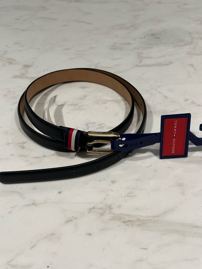 Tommy Hilfiger Black Vegan Leather Belt With Red White Blue Stripe Gold Buckle